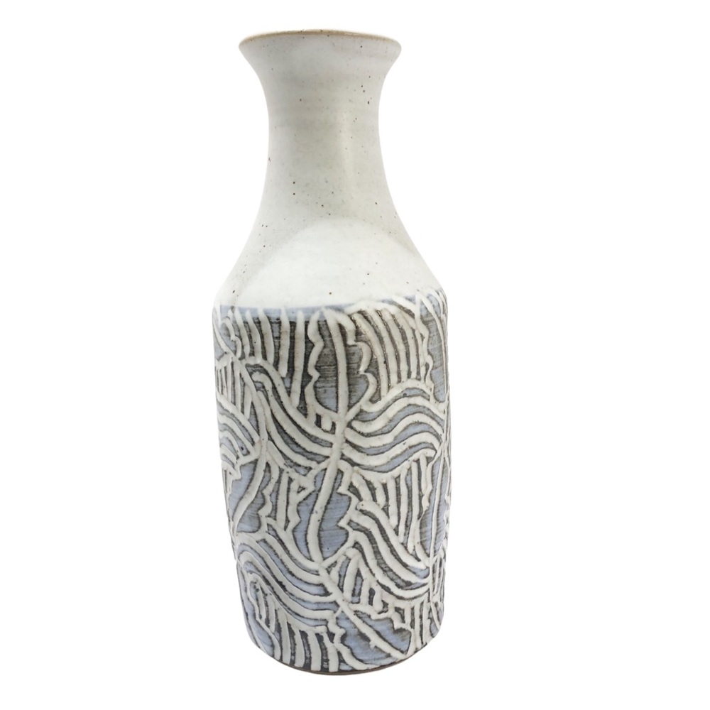 Bill Heyduck | Textured Blue Leaf Pattern Signed Studio Pottery Vase Vintage